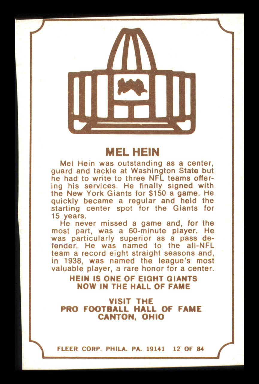 Mel Hein Autographed 1975 Fleer Card #12 New York Giants SKU #240906