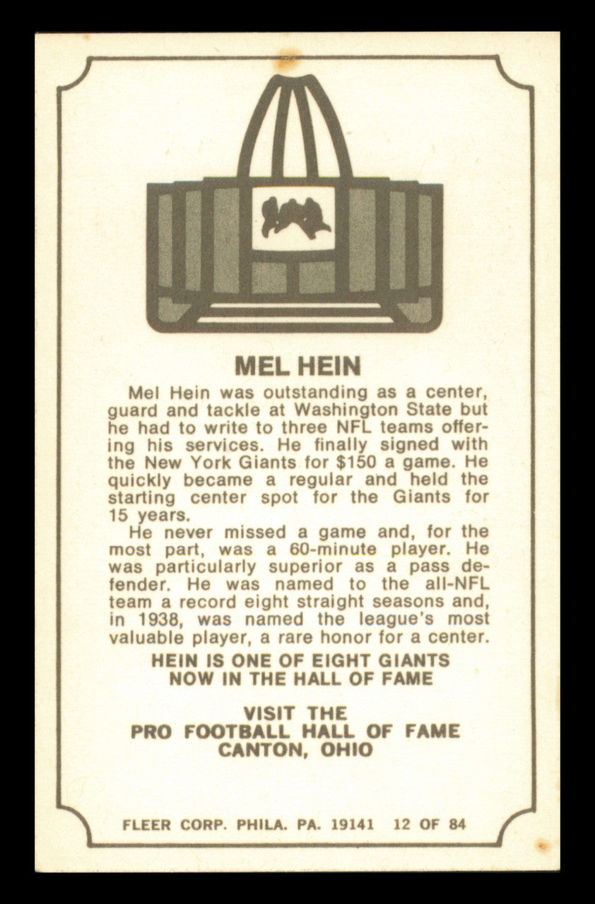 Mel Hein Autographed 1975 Fleer Card #12 New York Giants SKU #240908