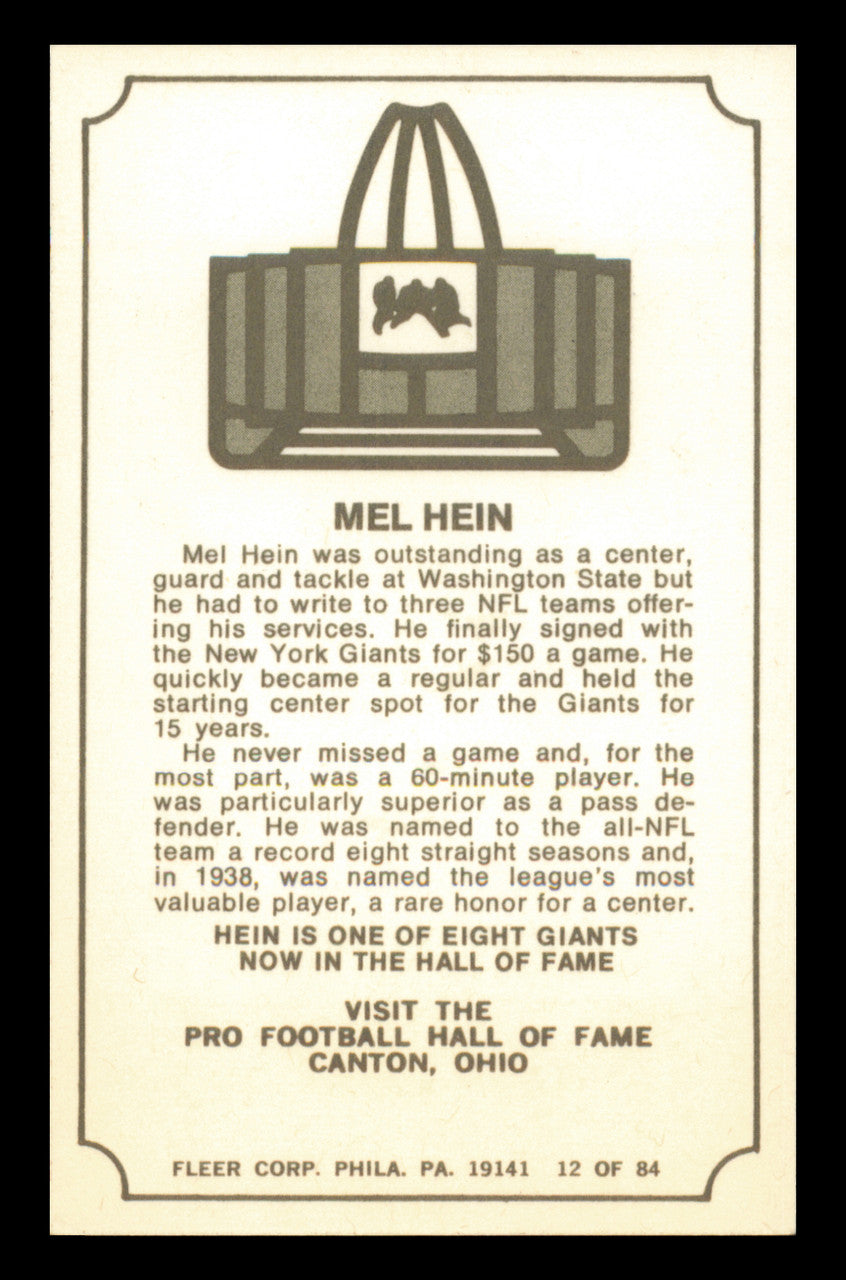 Mel Hein Autographed 1975 Fleer Card #12 New York Giants SKU #240909