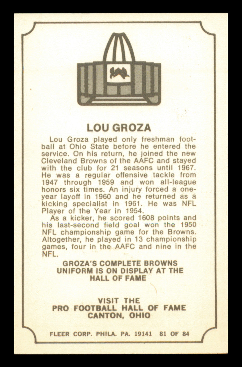 Lou Groza Autographed 1975 Fleer Card #81 Cleveland Browns SKU #240910