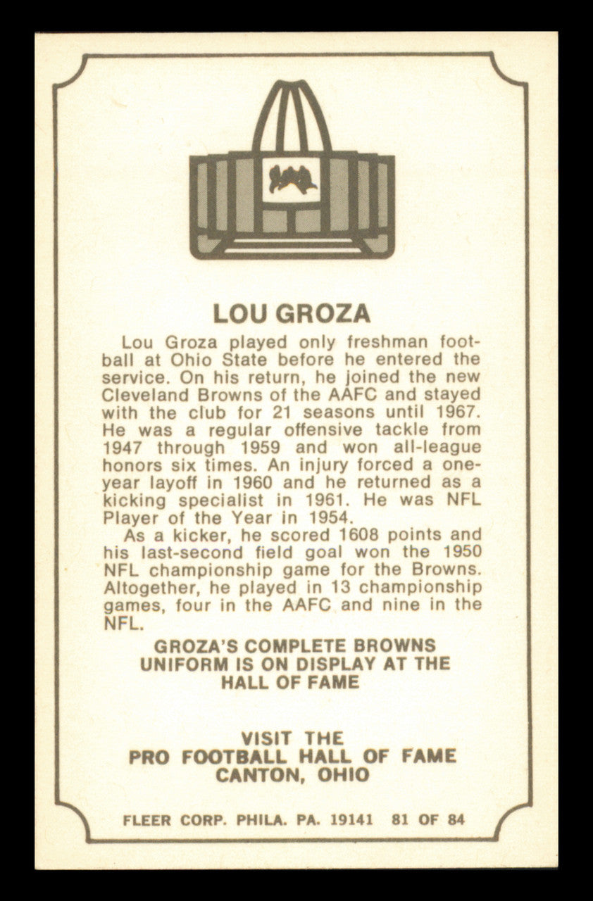Lou Groza Autographed 1975 Fleer Card #81 Cleveland Browns To John SKU #240911