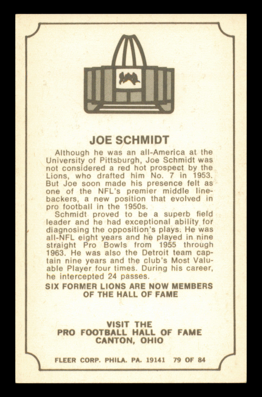 Joe Schmidt Autographed 1975 Fleer Card #79 Detroit Lions SKU #240913