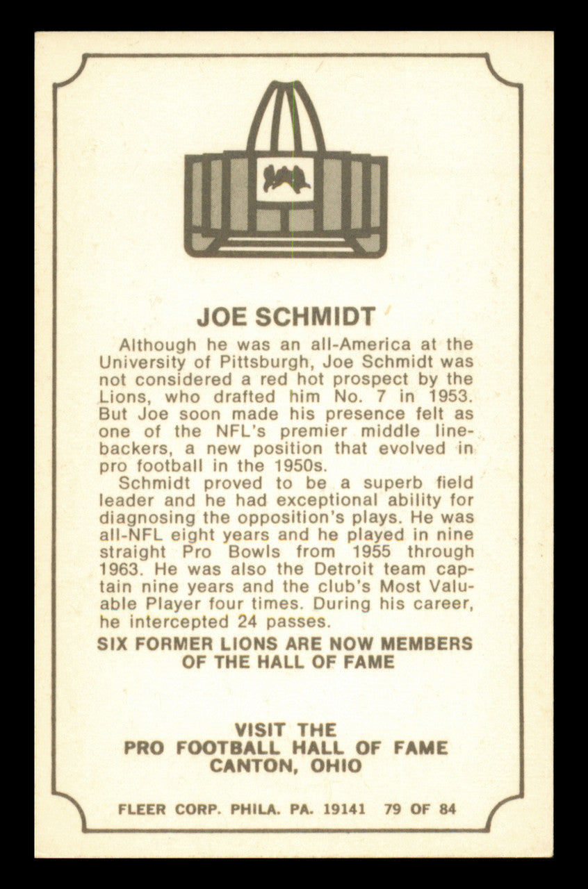 Joe Schmidt Autographed 1975 Fleer Card #79 Detroit Lions SKU #240914