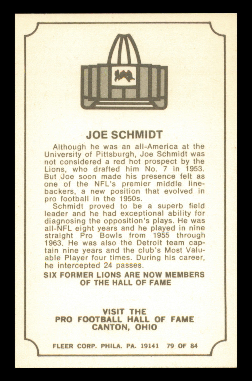 Joe Schmidt Autographed 1975 Fleer Card #79 Detroit Lions SKU #240915