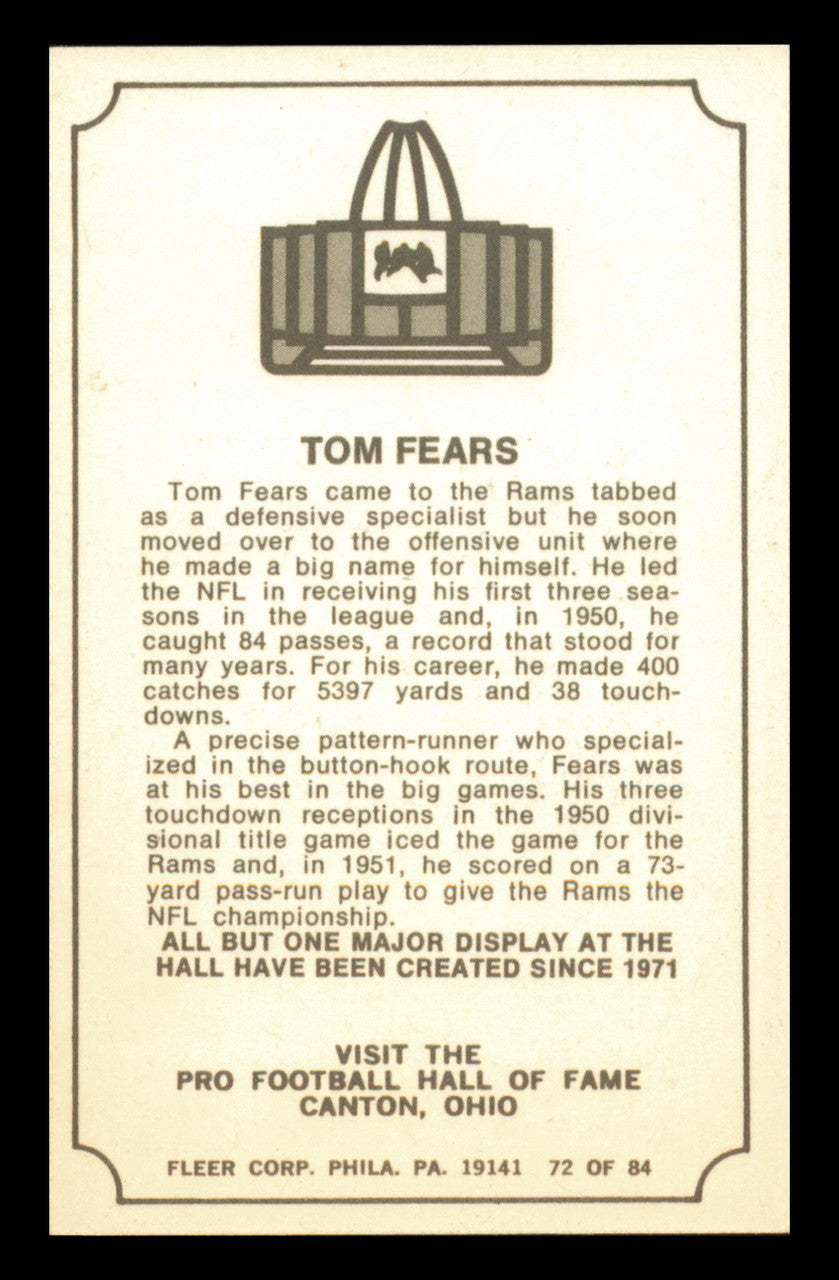 Tom Fears Autographed 1975 Fleer Card #72 Los Angeles Rams SKU #240931