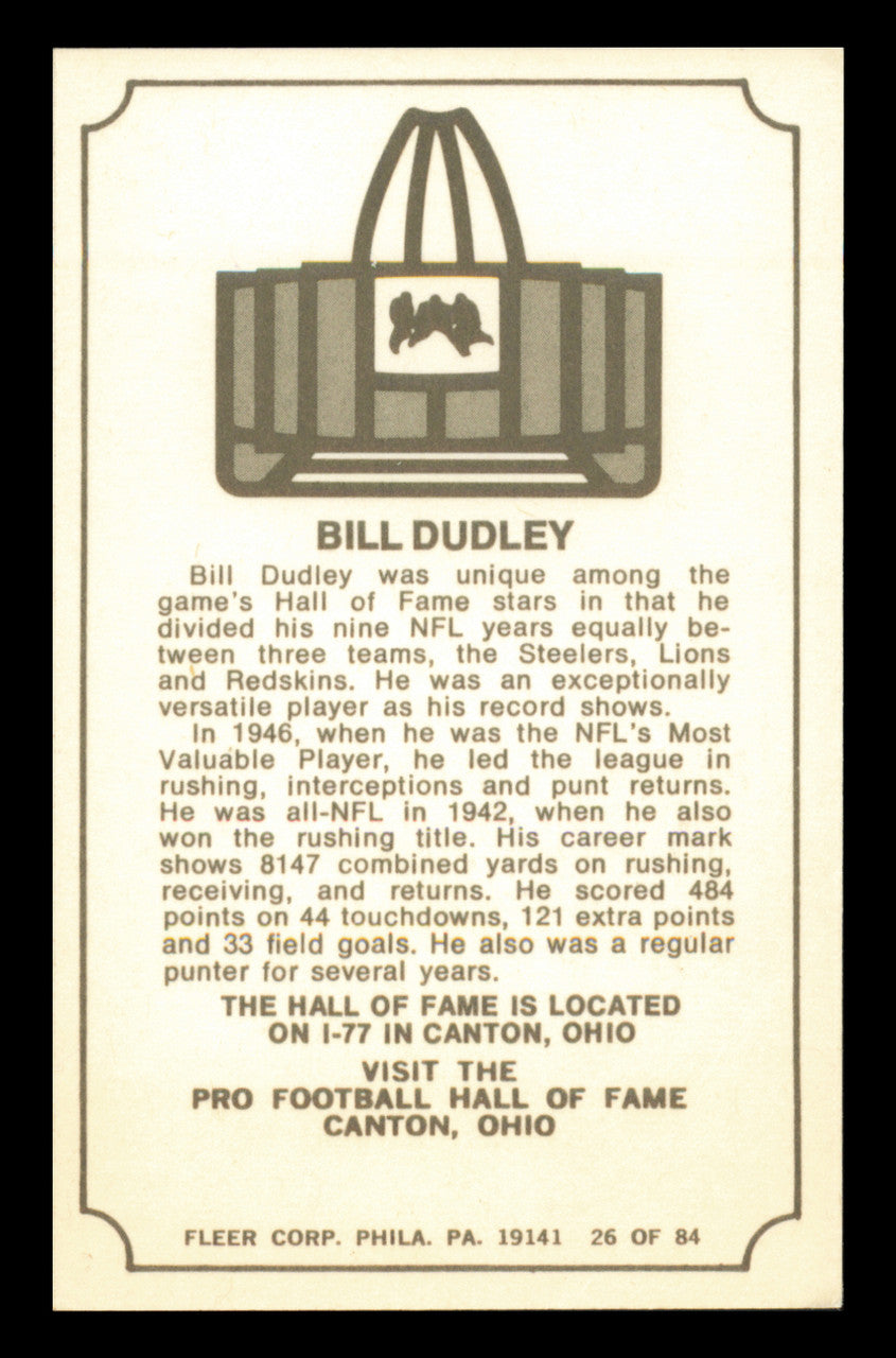 Bullett Bill Dudley Autographed 1975 Fleer Card #26 Pittsburgh Steelers SKU #240935