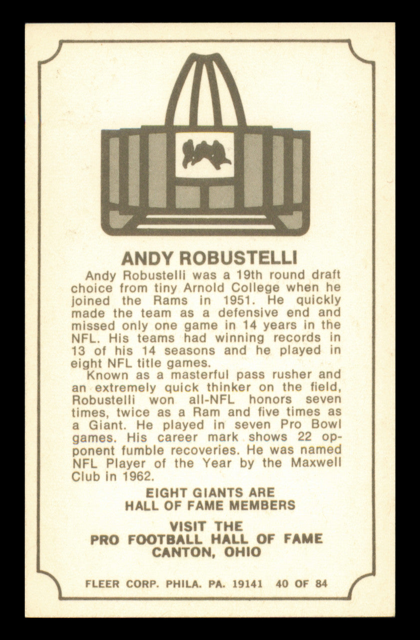 Andy Robustelli Autographed 1975 Fleer Card #40 New York Giants SKU #240940