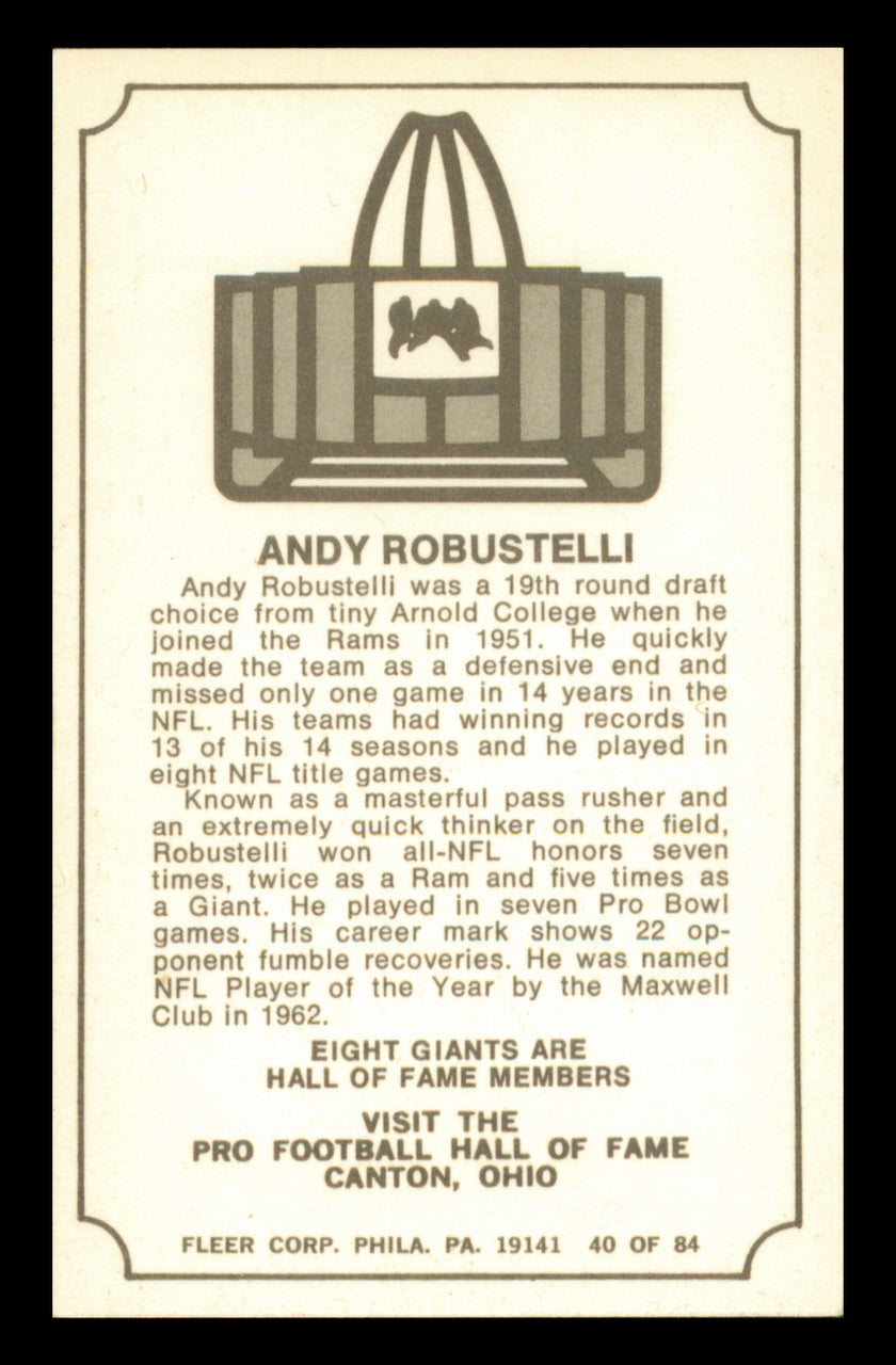Andy Robustelli Autographed 1975 Fleer Card #40 New York Giants SKU #240942