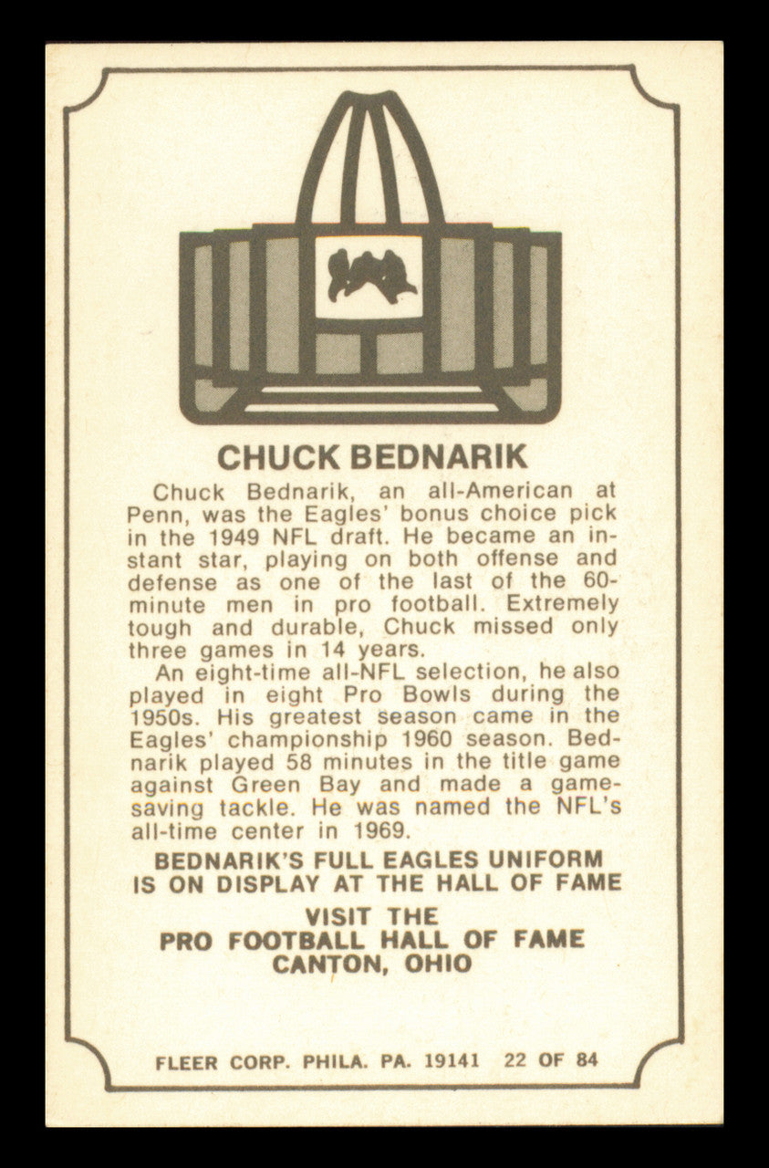 Chuck Bednarik Autographed 1975 Fleer Card #22 Philadelphia Eagles SKU #240954