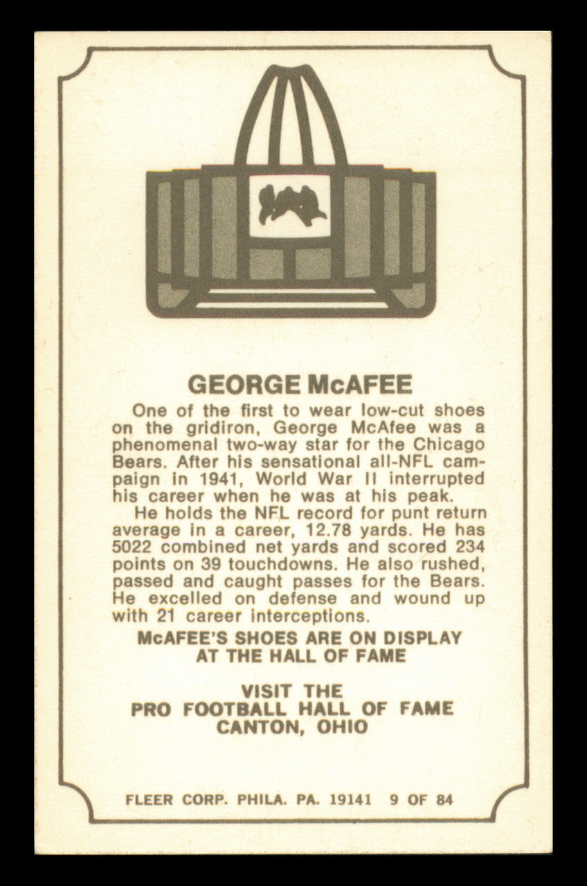 George McAfee Autographed 1975 Fleer Card #9 Chicago Bears SKU #240958