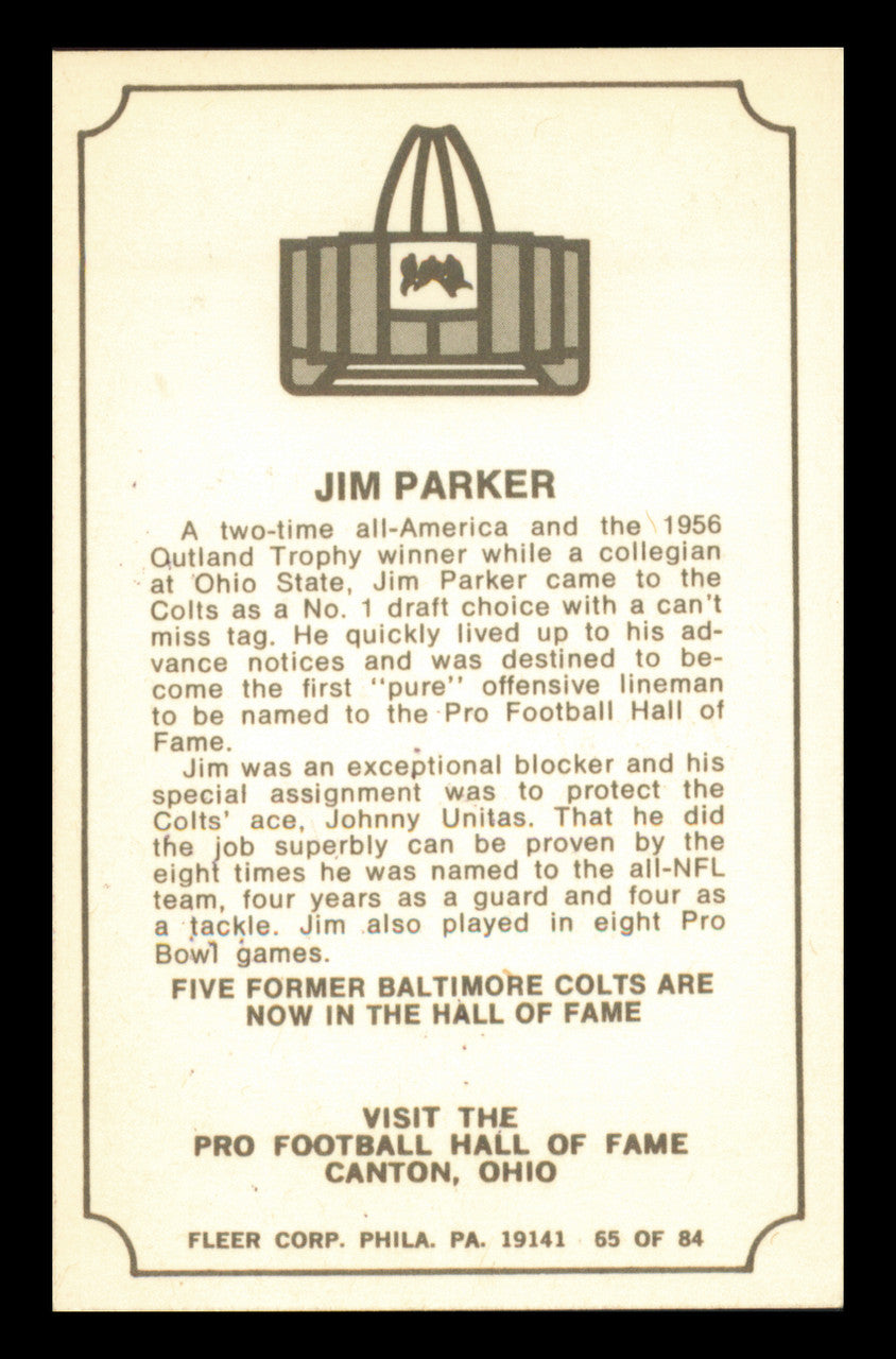 Jim Parker Autographed 1975 Fleer Card #65 Baltimore Colts SKU #240966