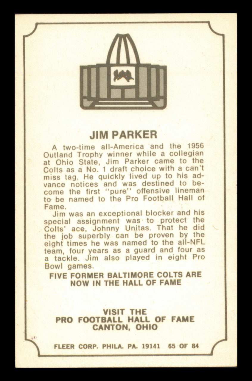 Jim Parker Autographed 1975 Fleer Card #65 Baltimore Colts SKU #240967