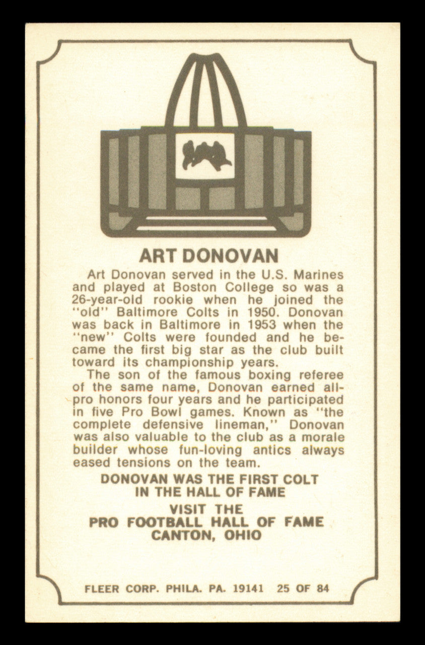 Art Donovan Autographed 1975 Fleer Card #25 Baltimore Colts SKU #240974