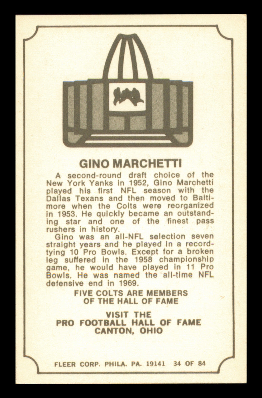 Gino Marchetti Autographed 1975 Fleer Card #34 Baltimore Colts SKU #240975