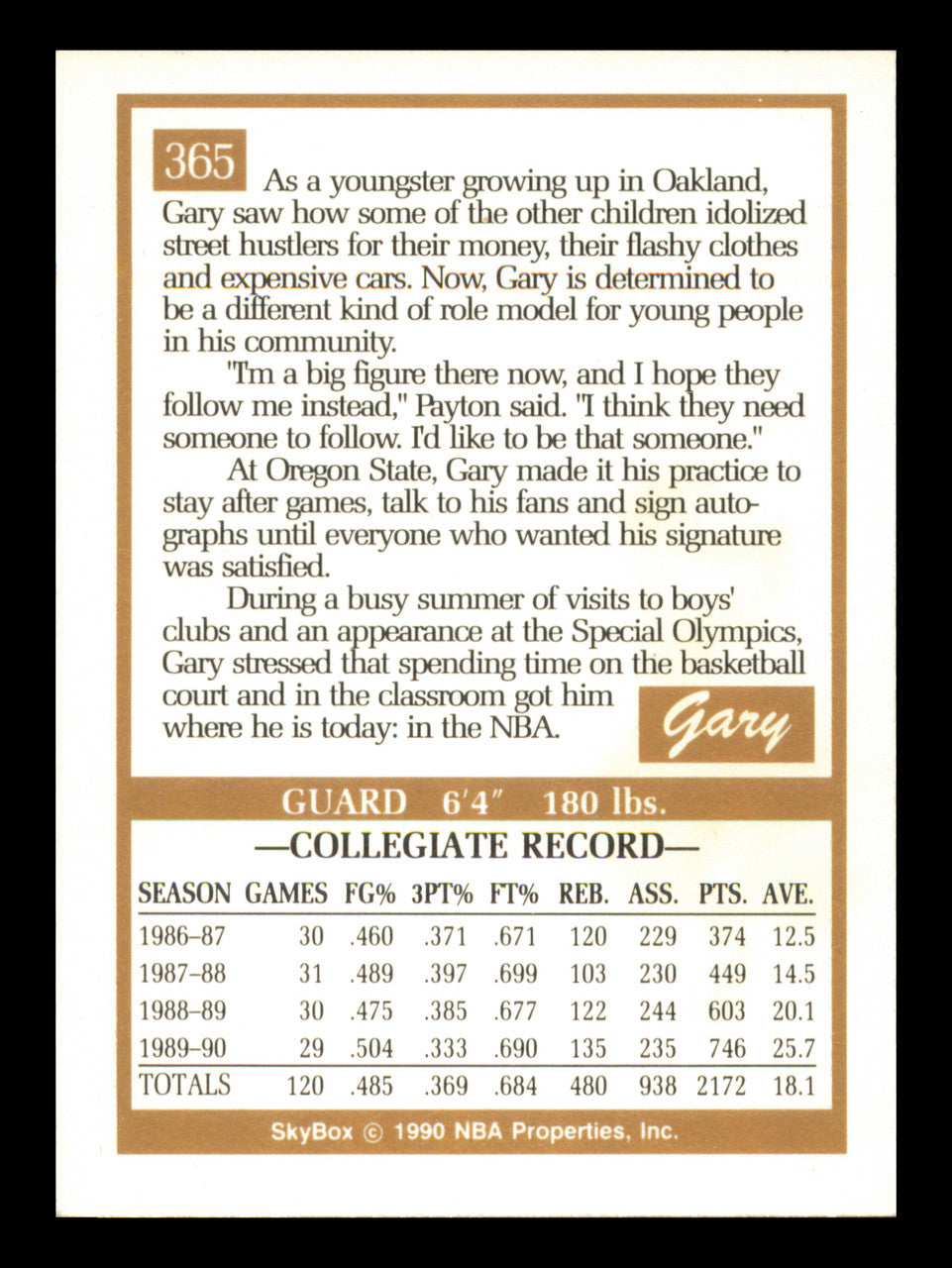 Gary Payton Autographed 1990-91 Skybox Rookie Card #365 Seattle Supersonics SKU #240989