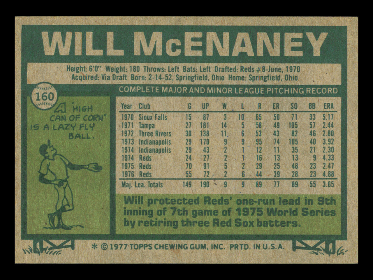 Will McEnaney Autographed 1977 Topps Card #160 Card Cincinnati Reds SKU #241066