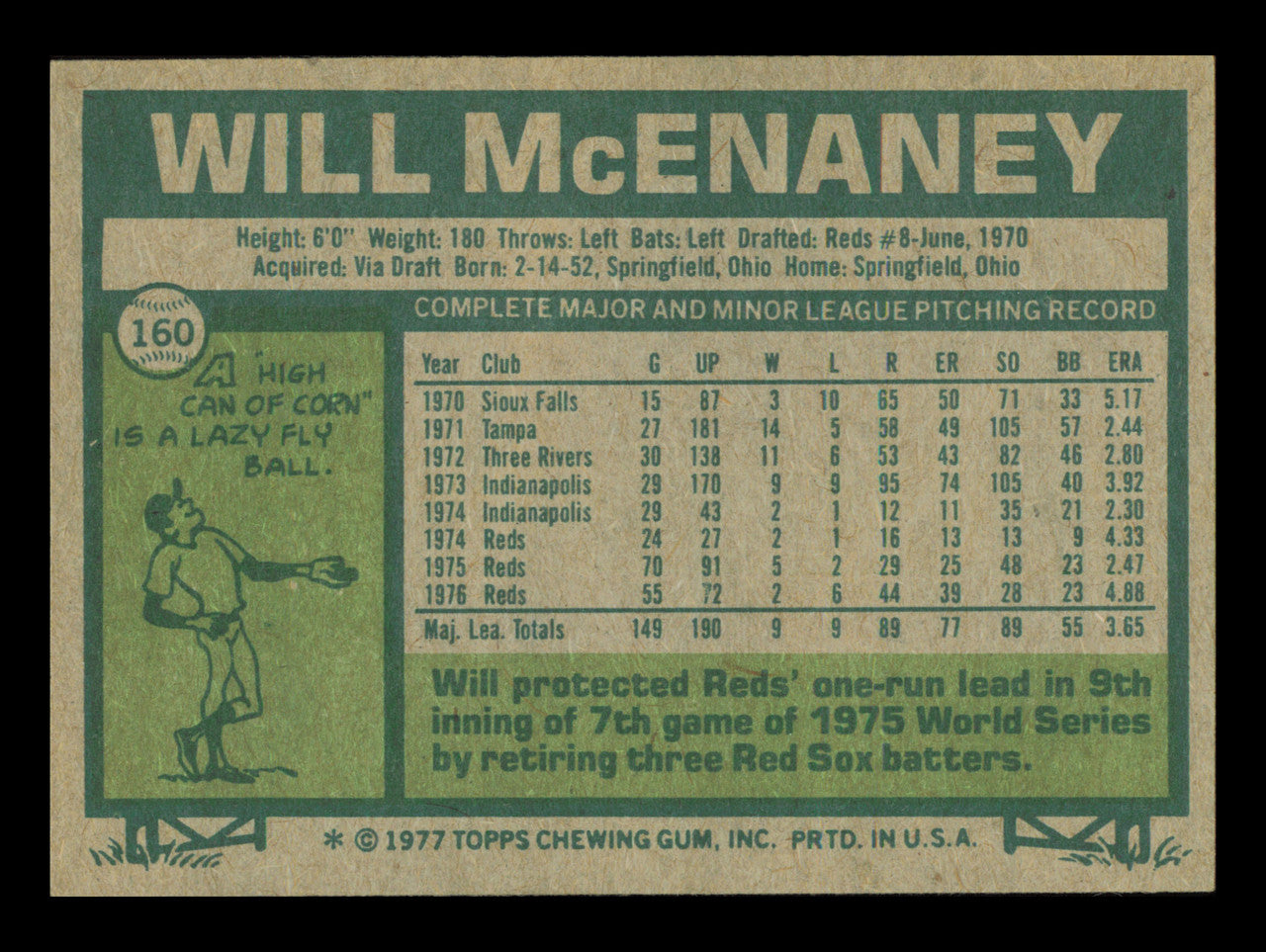 Will McEnaney Autographed 1977 Topps Card #160 Card Cincinnati Reds SKU #241067