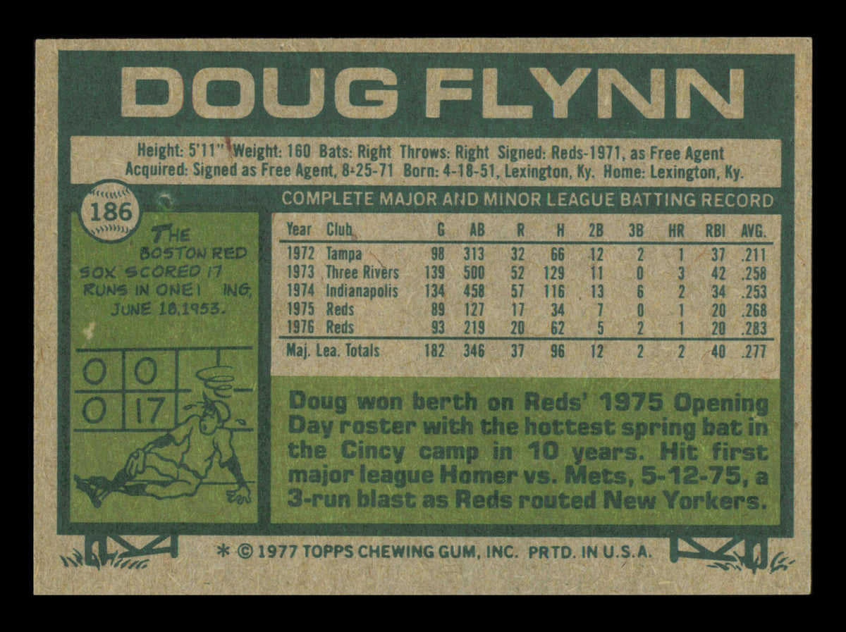 Doug Flynn Autographed 1977 Topps Card #186 Card Cincinnati Reds SKU #241073