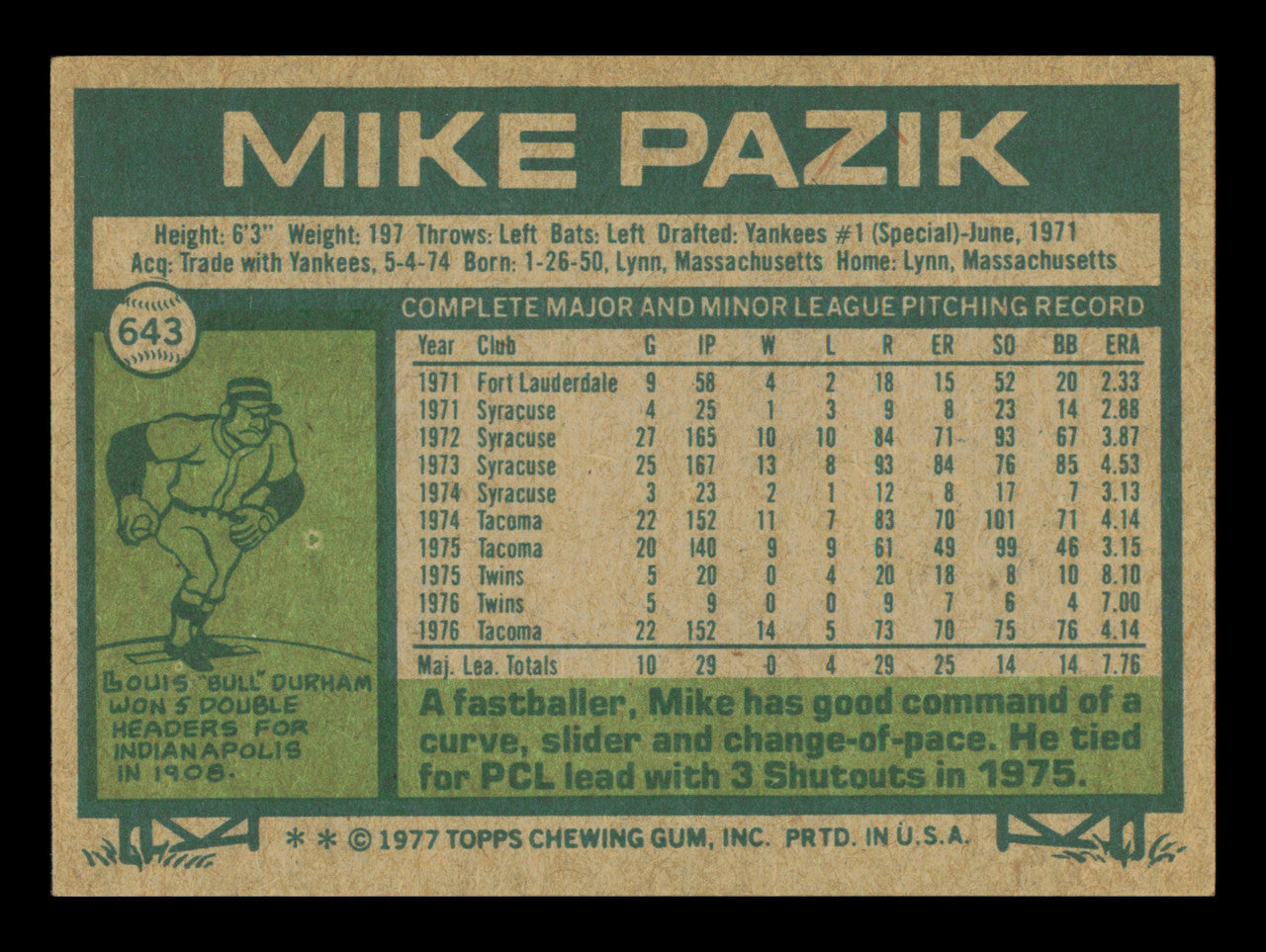 Mike Pazik Autographed 1977 Topps Card #643 Card Minnesota Twins SKU #241150