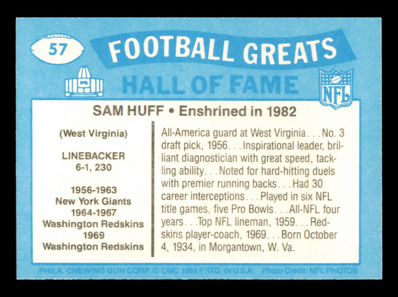 Sam Huff Autographed 1988 Swell Card #57 Card New York Giants SKU #241157