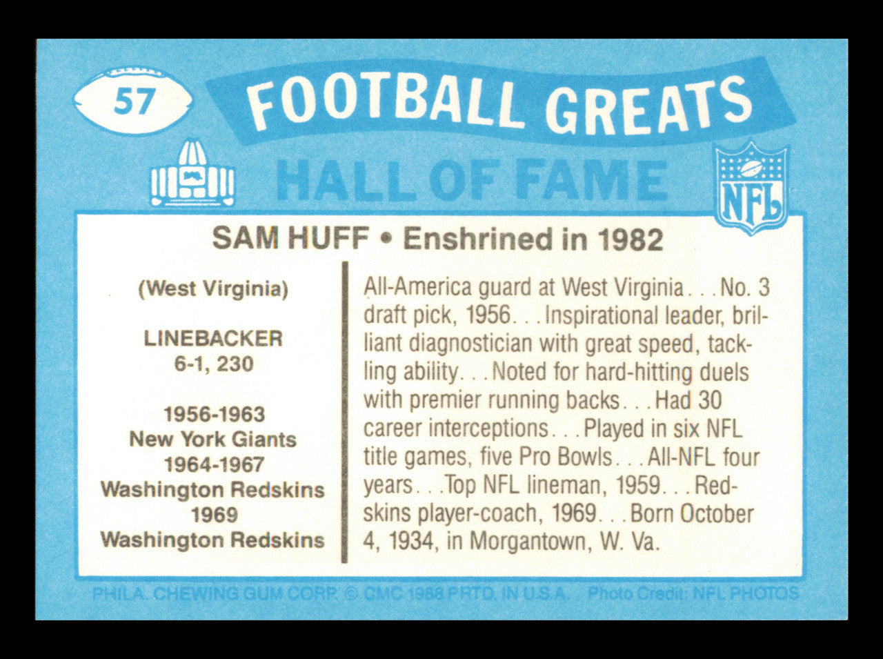 Sam Huff Autographed 1988 Swell Card #57 Card New York Giants SKU #241159