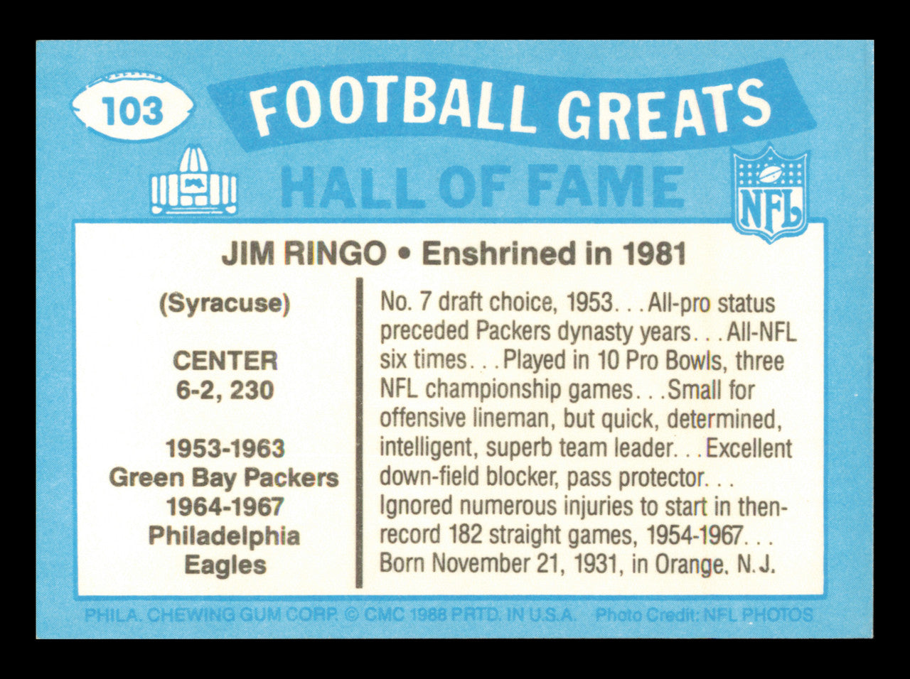 Jim Ringo Autographed 1988 Swell Card #103 Card Green Bay Packers SKU #241176