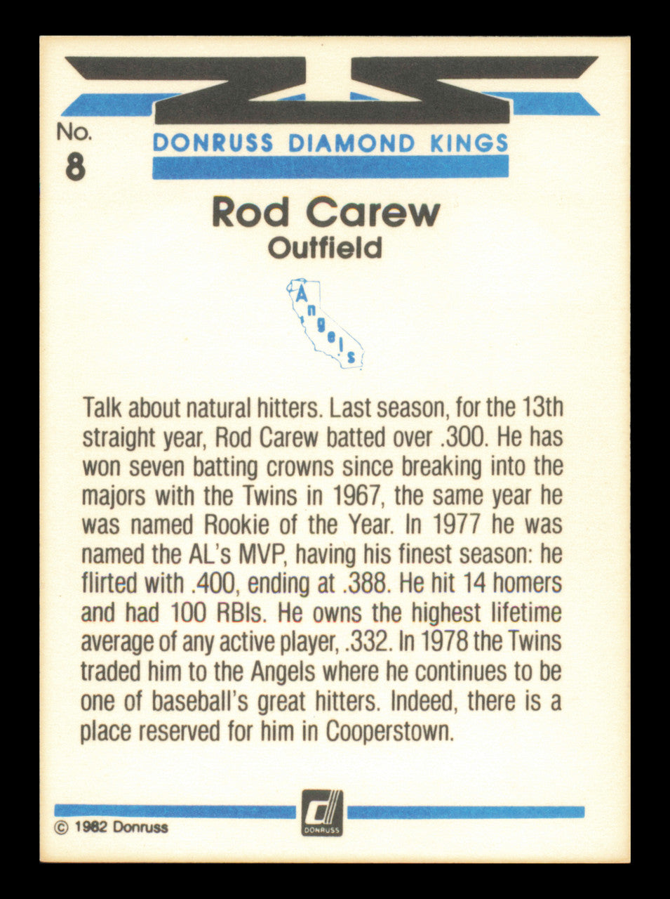 Rod Carew Autographed 1982 Donruss Diamond Kings Card #8 Card California Angels SKU #241190