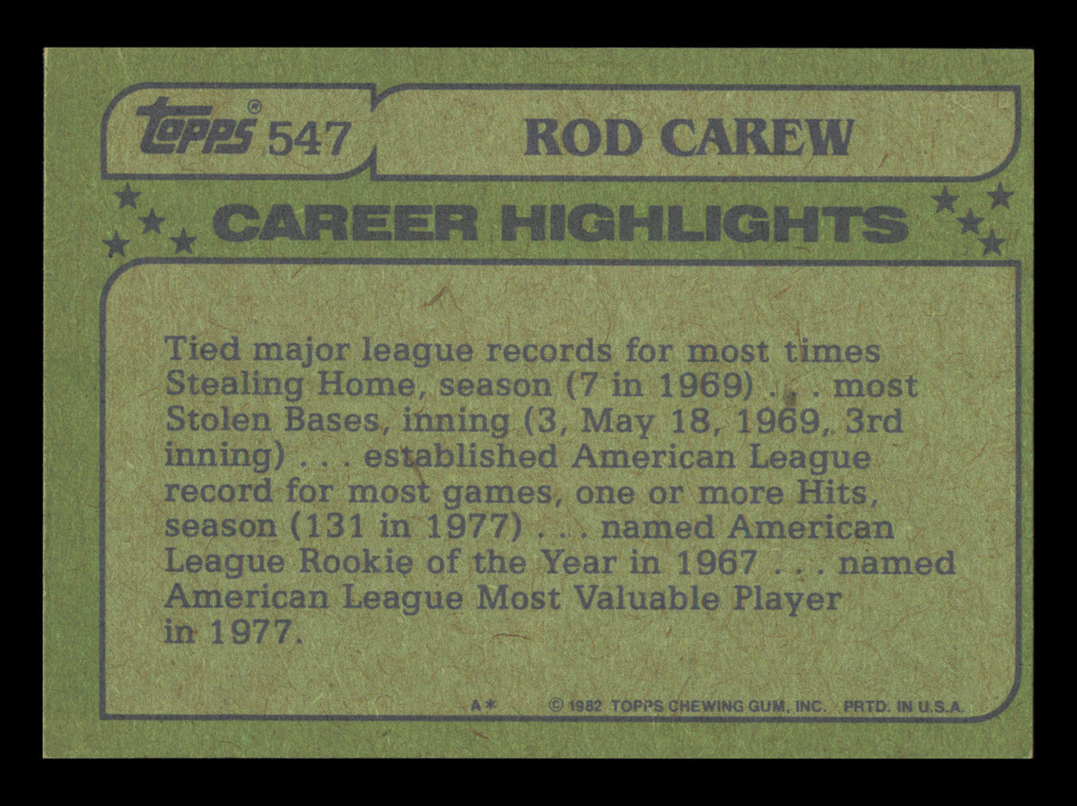 Rod Carew Autographed 1982 Topps All Star Card #547 Card California Angels SKU #241194