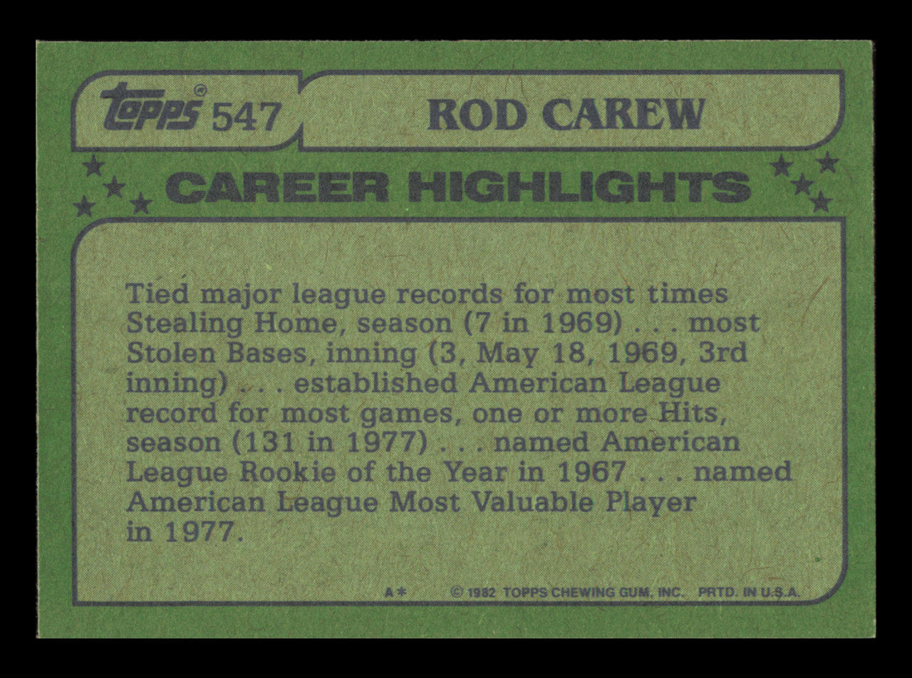 Rod Carew Autographed 1982 Topps All Star Card #547 Card California Angels SKU #241195