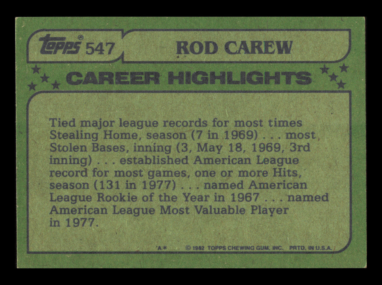 Rod Carew Autographed 1982 Topps All Star Card #547 Card California Angels SKU #241196