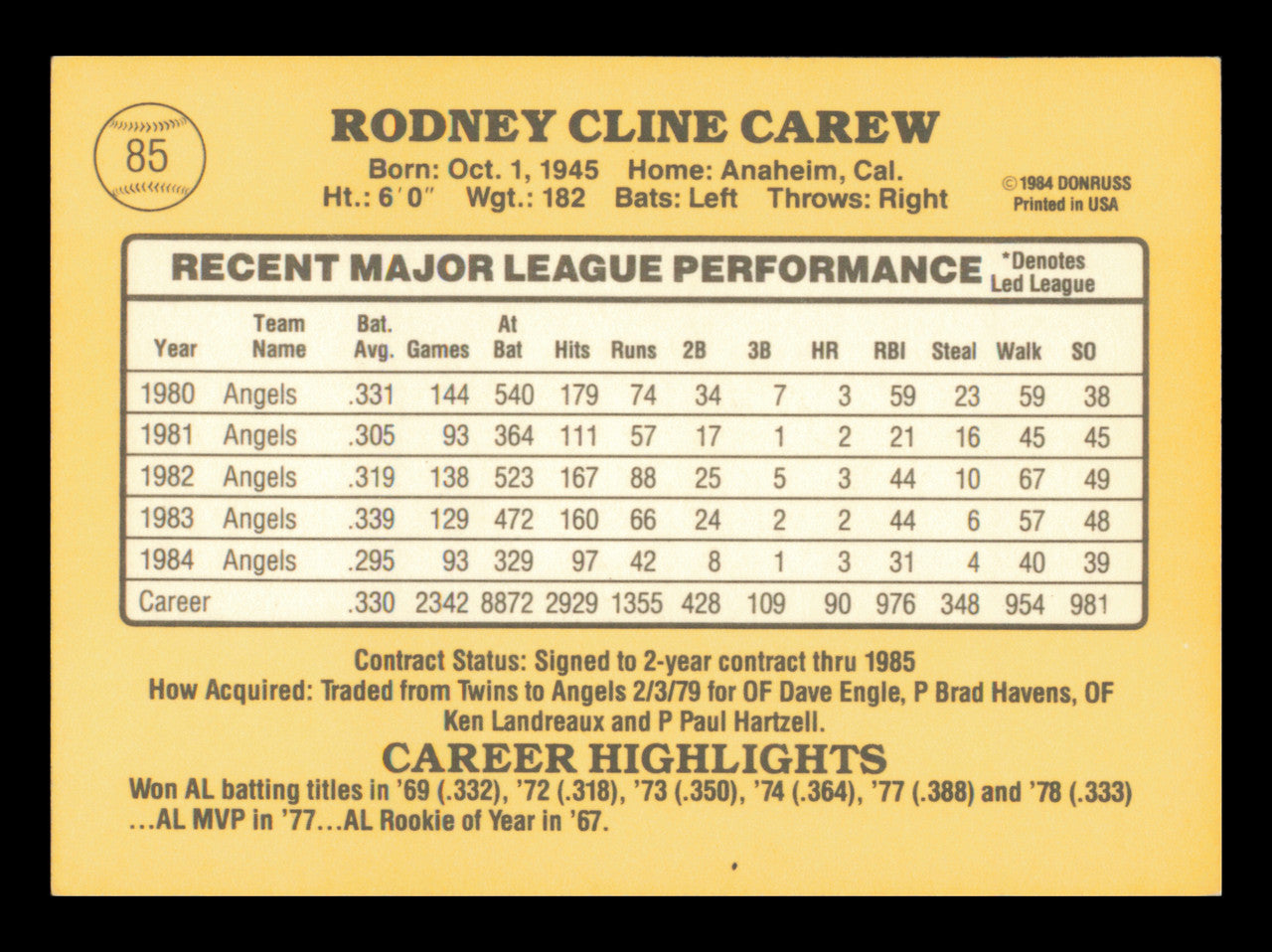 Rod Carew Autographed 1985 Donruss Card #85 Card California Angels SKU #241200