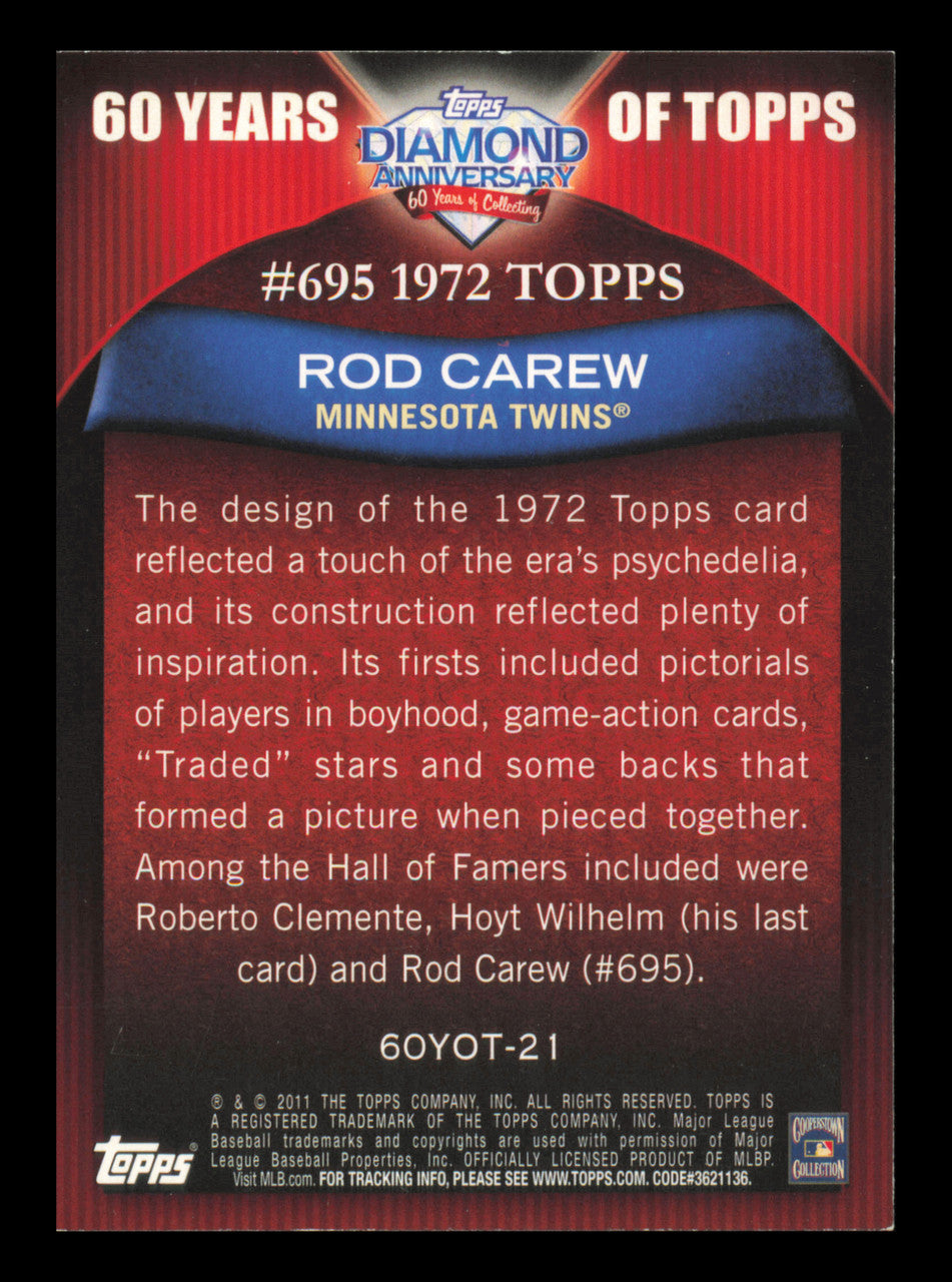 Rod Carew Autographed 2011 Topps 60 Years of Topps Card #60YOT-21 Card Minnesota Twins SKU #241217