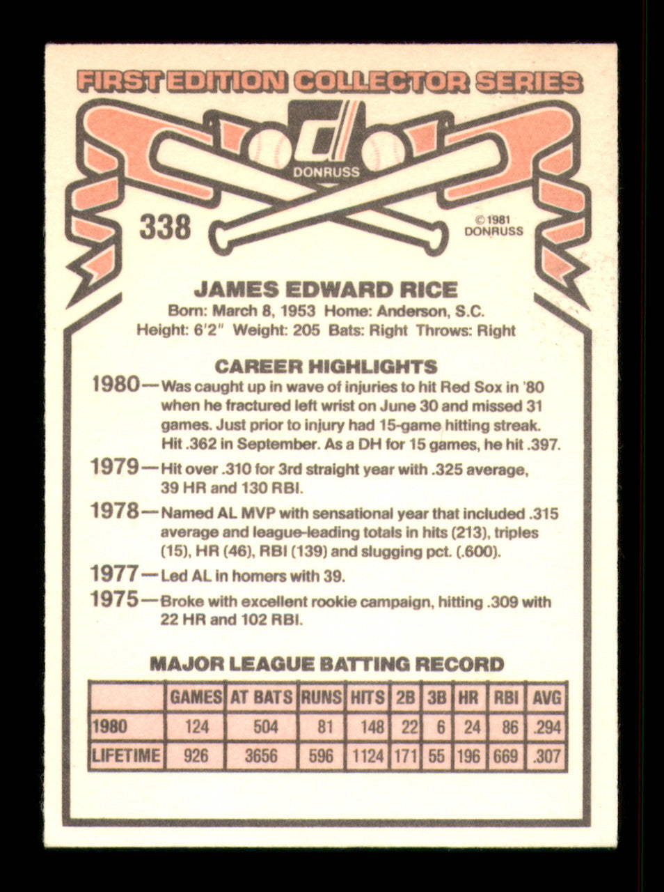 Jim Rice Autographed 1981 Donruss Card #338 Card Boston Red Sox SKU #241228