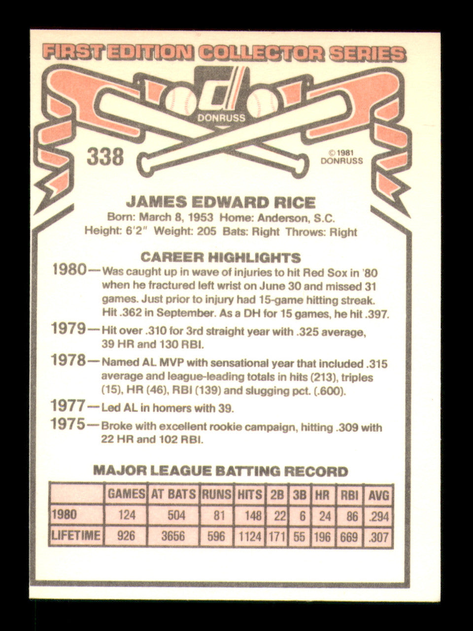 Jim Rice Autographed 1981 Donruss Card #338 Card Boston Red Sox SKU #241229