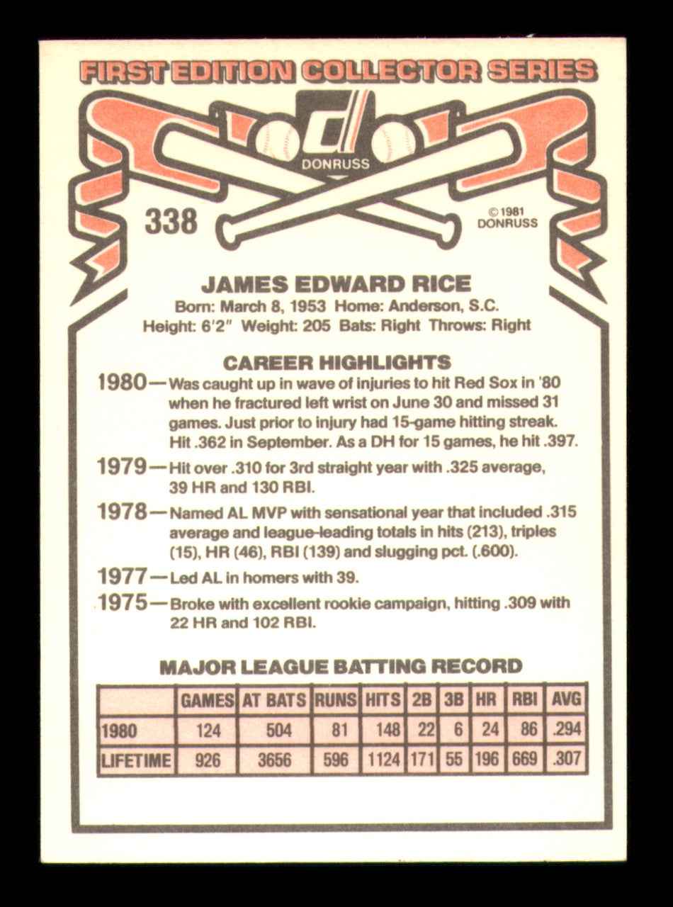 Jim Rice Autographed 1981 Donruss Card #338 Card Boston Red Sox SKU #241230