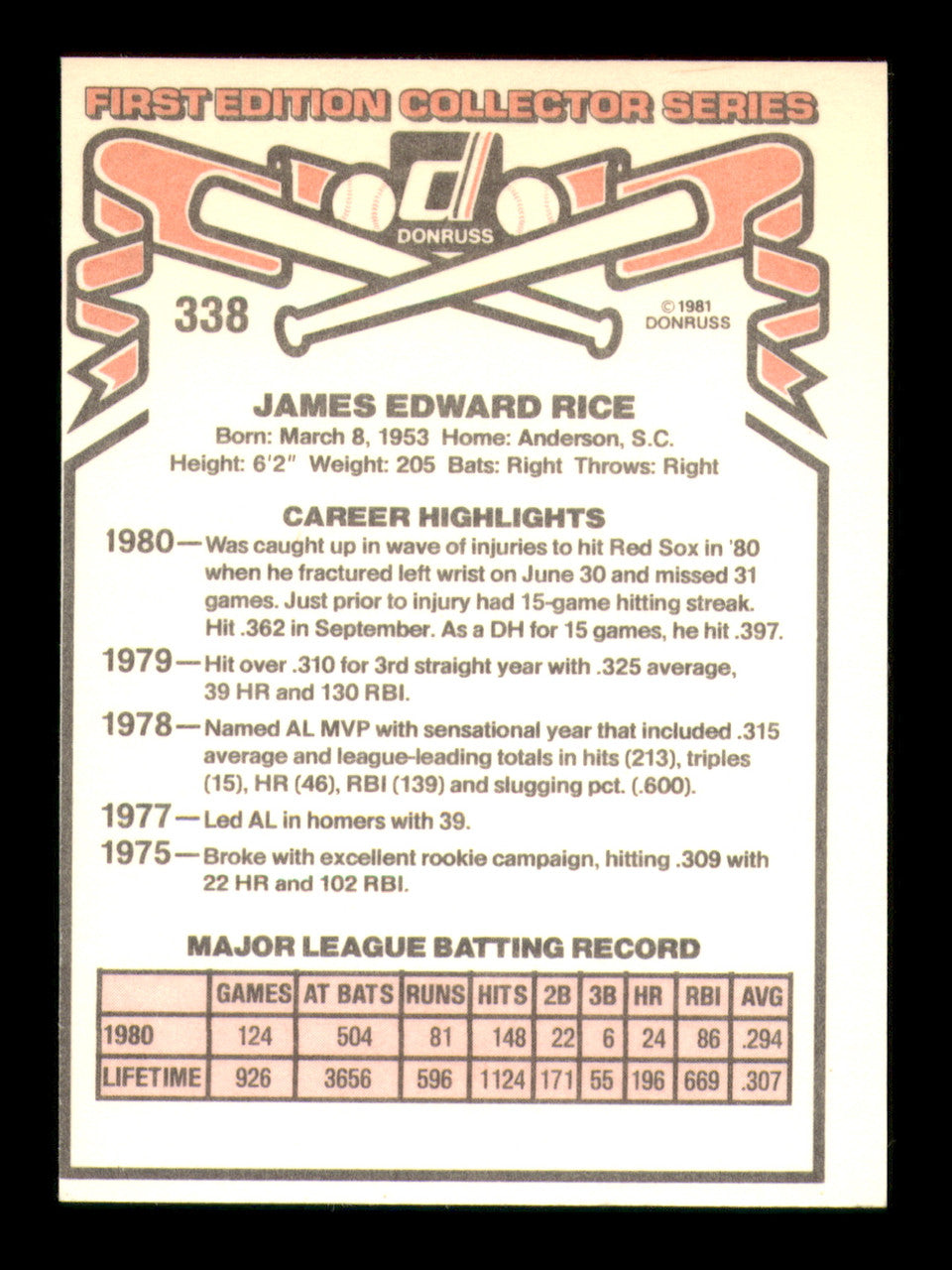 Jim Rice Autographed 1981 Donruss Card #338 Card Boston Red Sox SKU #241231