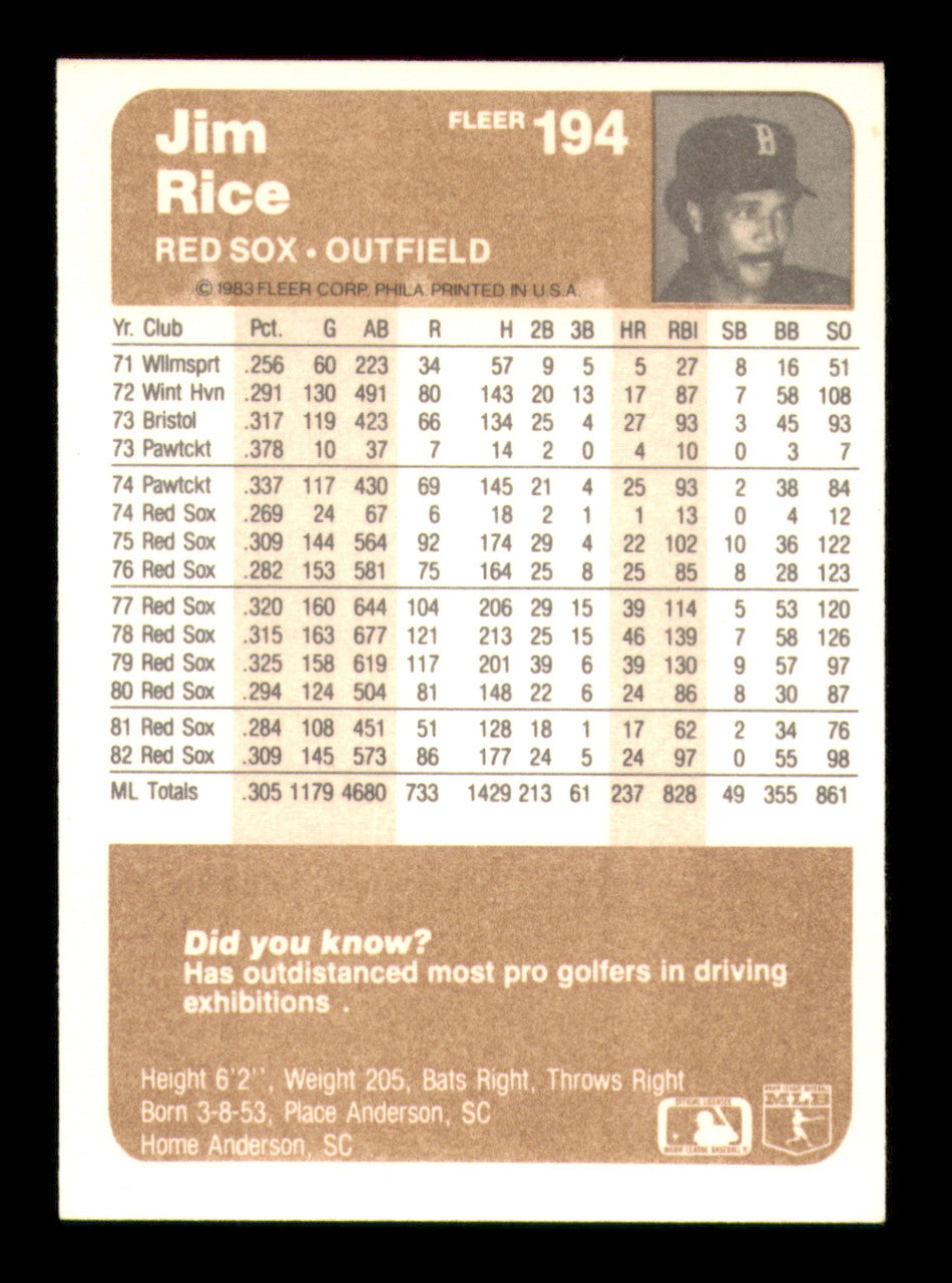 Jim Rice Autographed 1983 Fleer Card #194 Card Boston Red Sox SKU #241241