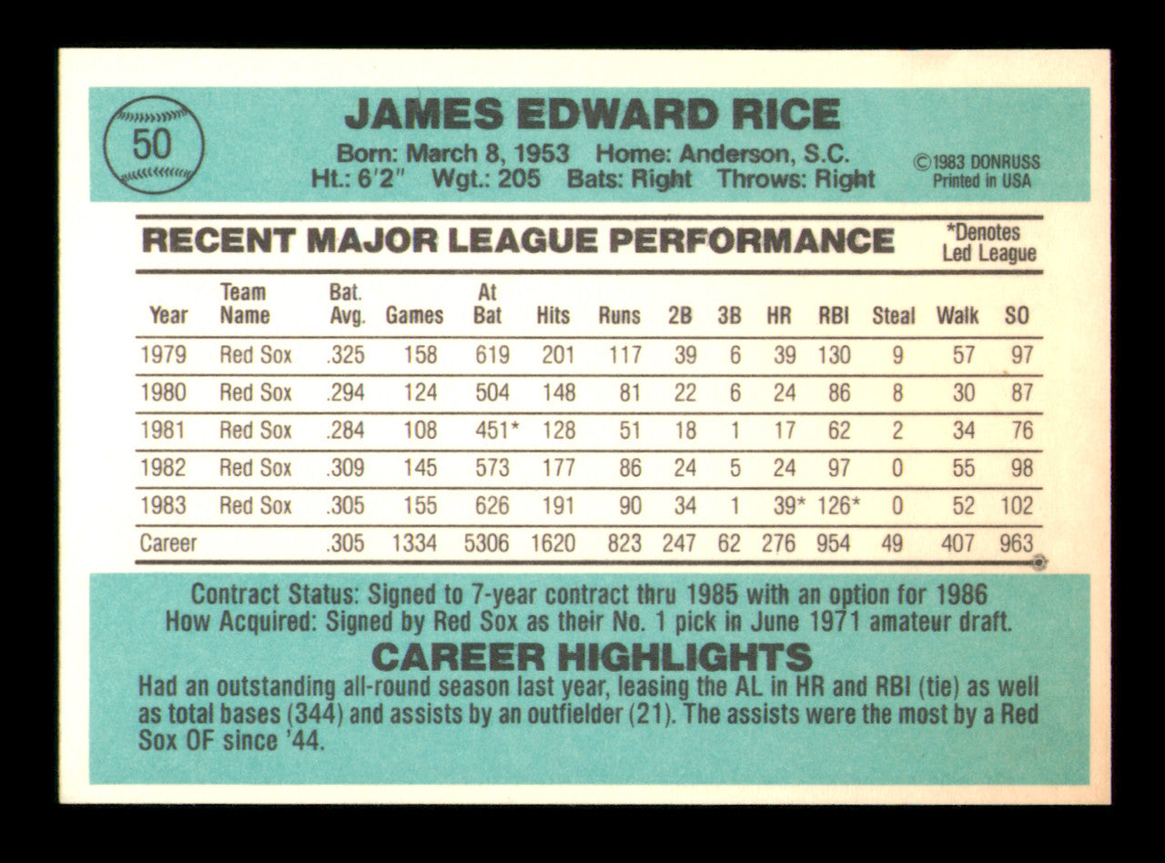 Jim Rice Autographed 1984 Donruss Card #50 Card Boston Red Sox SKU #241247