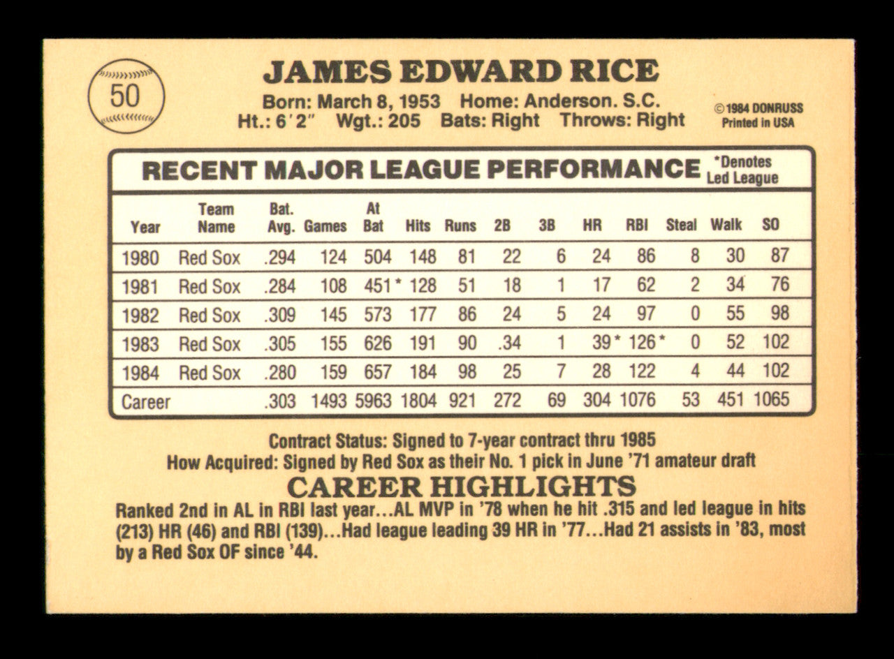 Jim Rice Autographed 1985 Donruss Card #50 Card Boston Red Sox SKU #241255
