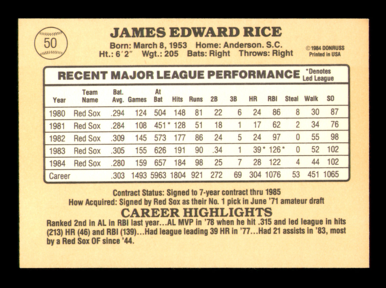 Jim Rice Autographed 1985 Donruss Card #50 Card Boston Red Sox SKU #241259