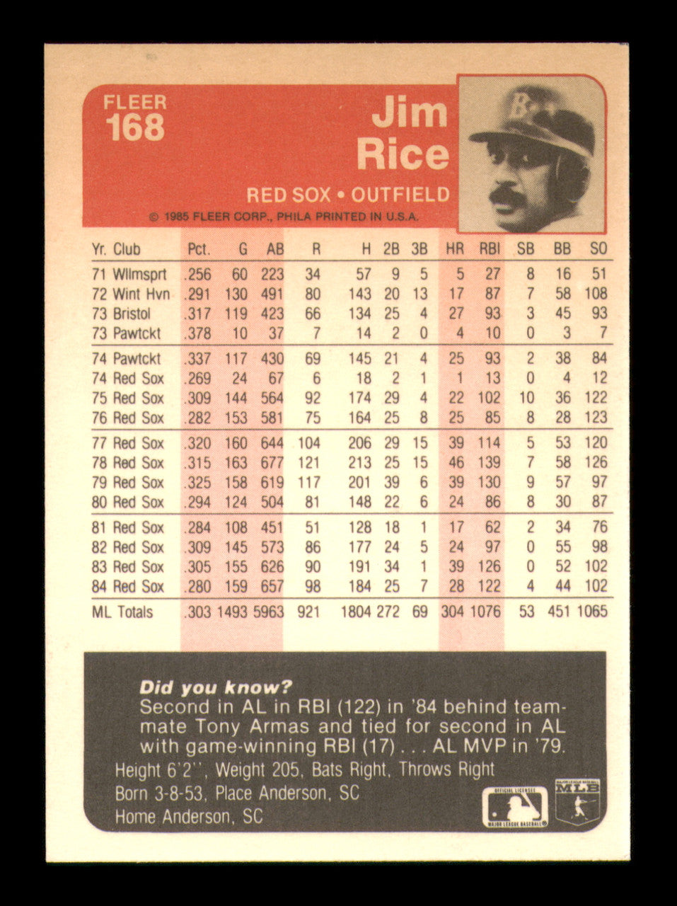Jim Rice Autographed 1985 Fleer Card #168 Card Boston Red Sox SKU #241261