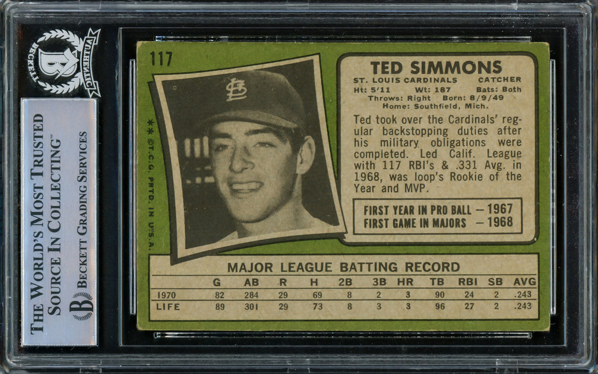 Ted Simmons Autographed 1971 Topps Rookie Card #117 St. Louis Cardinals Beckett BAS #14862579