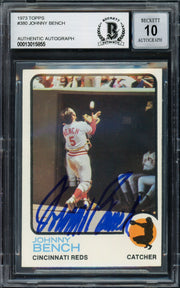Johnny Bench Autographed 1973 Topps Card #380 Cincinnati Reds Auto Grade Gem Mint 10 Beckett BAS #13015855