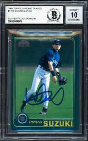Ichiro Suzuki Autographed 2001 Topps Chrome Traded Rookie Card #T266 Seattle Mariners Auto Grade Gem Mint 10 Beckett BAS #13604669