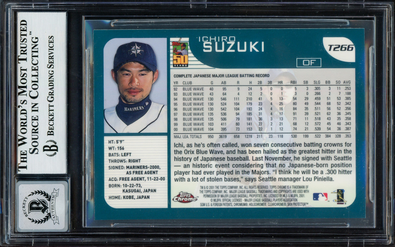 Ichiro Suzuki Autographed 2001 Topps Chrome Traded Rookie Card #T266 Seattle Mariners Auto Grade Gem Mint 10 Beckett BAS #13604669