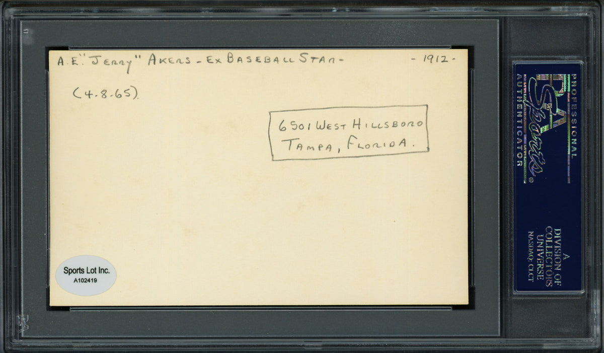 Albert Earl "Jerry" Akers Autographed 3x5 Index Card Washington Senators "Sincerely and Best Wishes" PSA/DNA #83860270