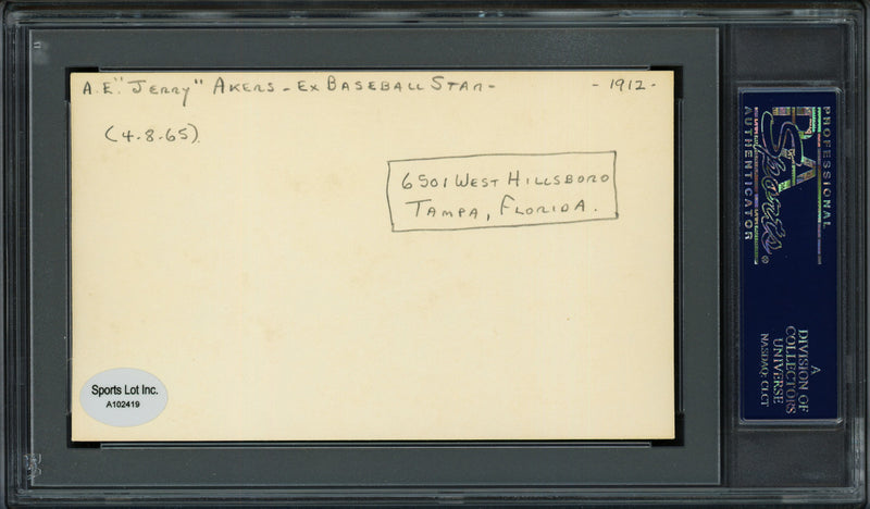 Albert Earl "Jerry" Akers Autographed 3x5 Index Card Washington Senators "Sincerely and Best Wishes" PSA/DNA #83860270
