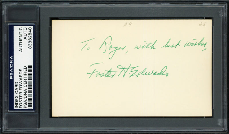Foster H. Edwards Autographed 3x5 Index Card Boston Braves & New York Yankees "To Roger with best wishes" PSA/DNA #83862840
