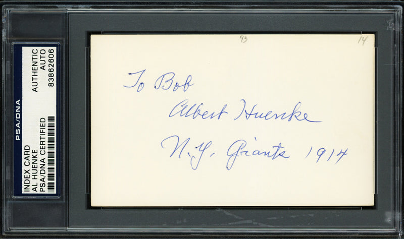 Albert "Al" Huenke Autographed 3x5 Index Card New York Giants "To Bob" PSA/DNA #83862606