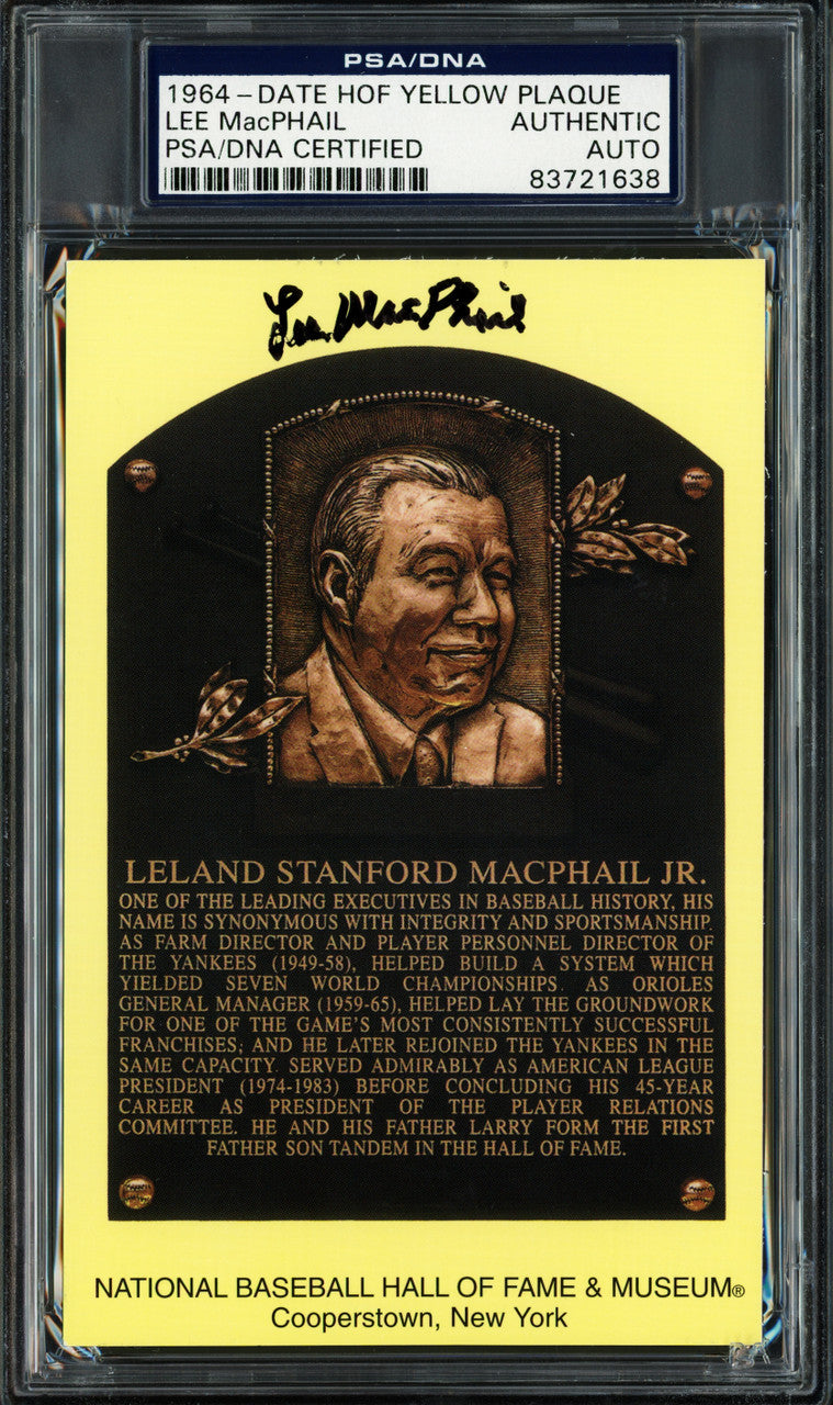 Lee MacPhail Autographed Hall of Fame HOF Plaque Postcard MLB President PSA/DNA #83721638